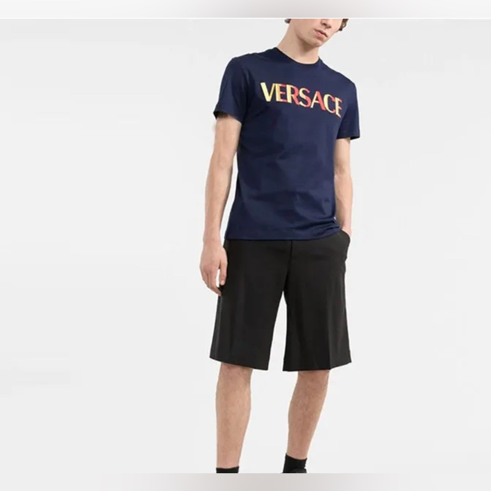 VERSACE Logo Embroidered Crew Neck Pullover Short Sleeved T Shirt Navy